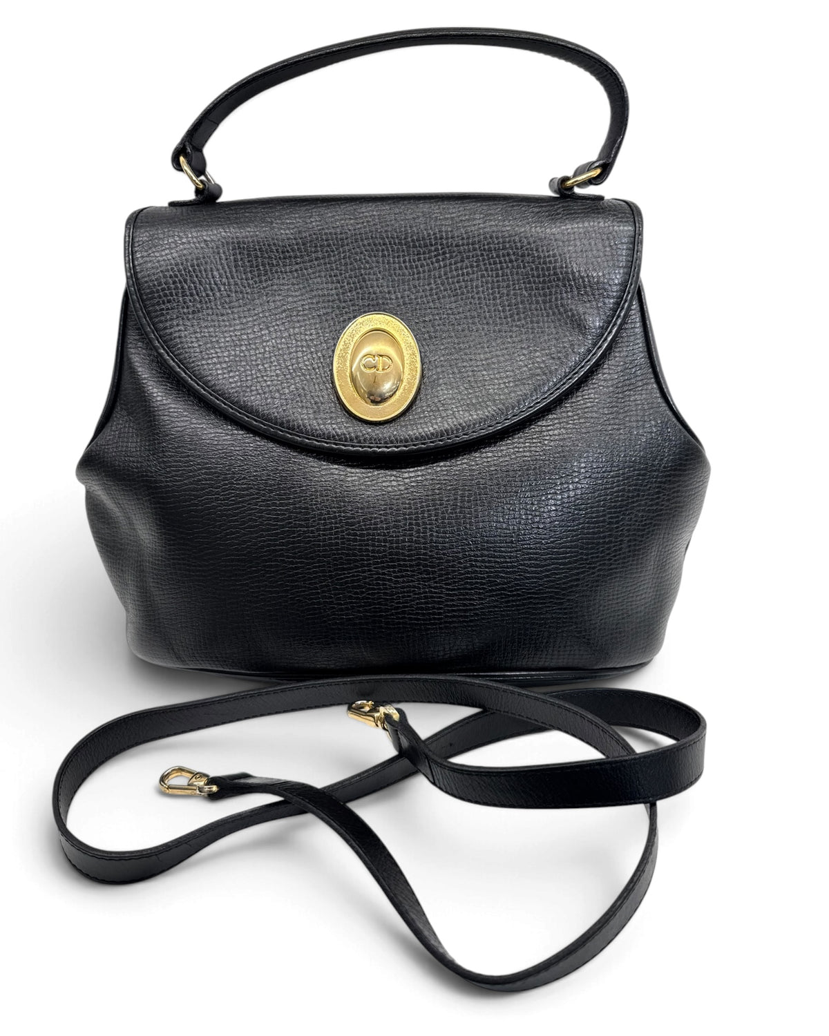 Christian Dior Vintage Black Grained Leather Oval CD Medallion Flap Top-Handle Bag with Strap