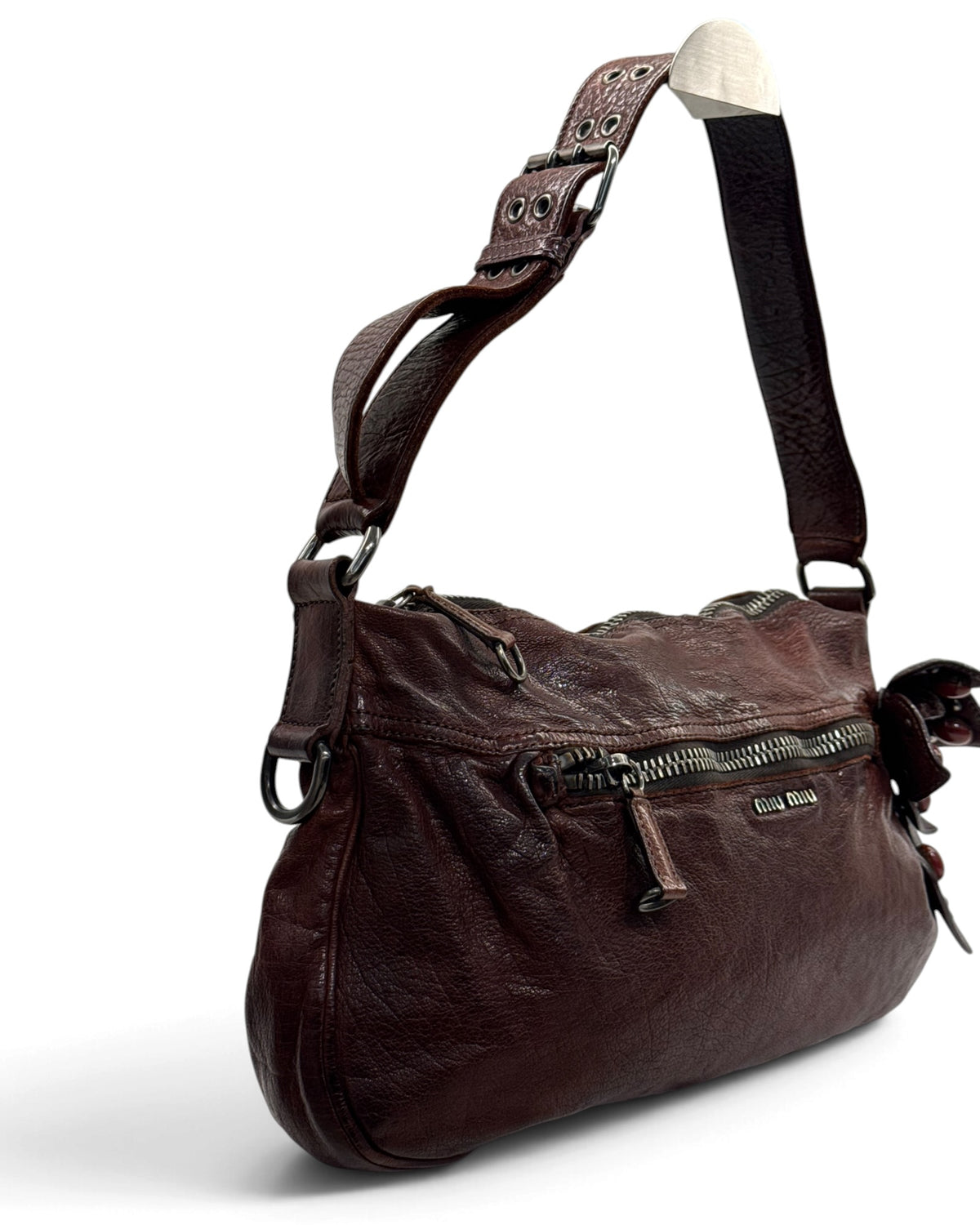 Miu Miu 2005 Distressed Leather Floral Cabochon Shoulder Bag