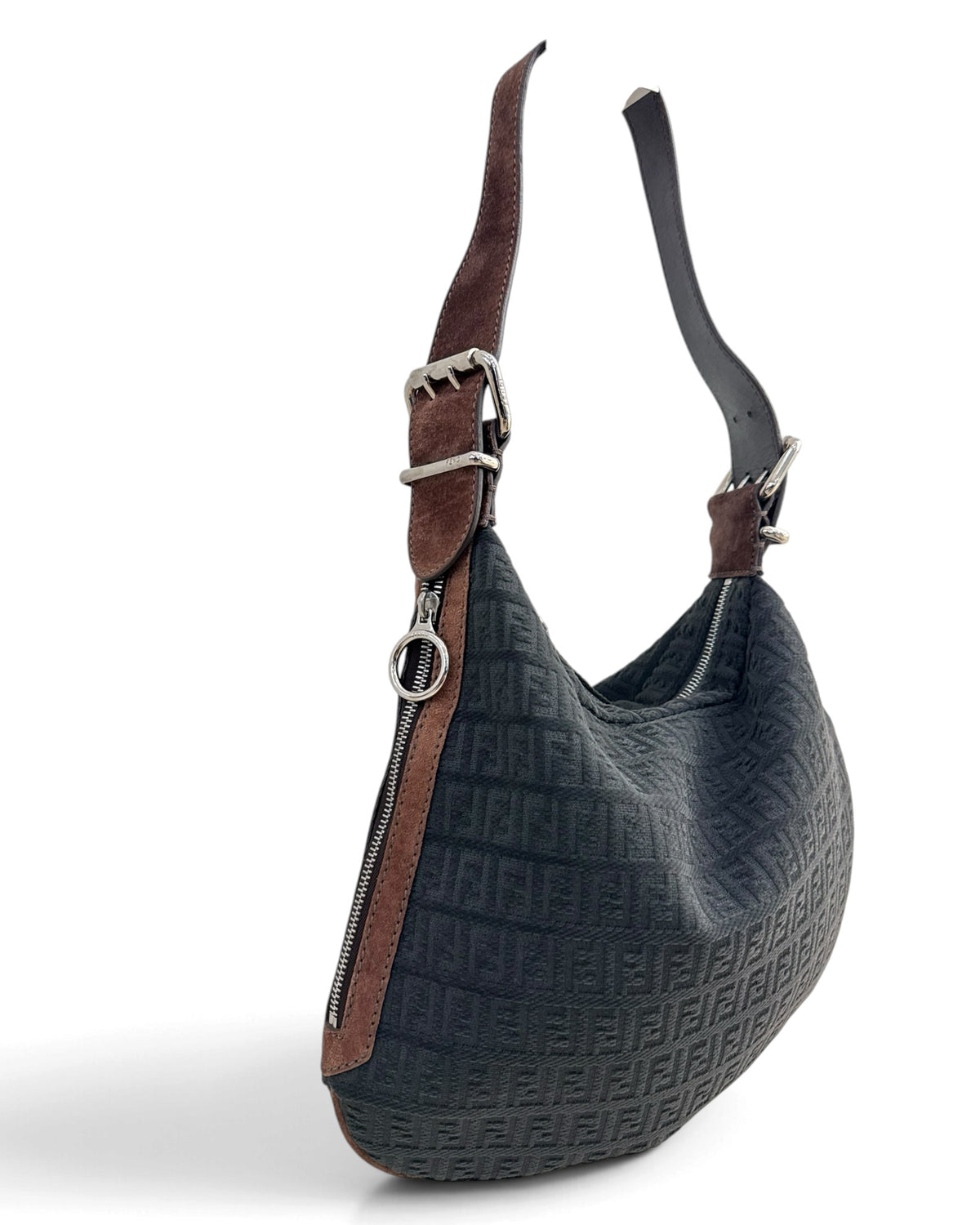 Fendi FW 2002 Archive Charcoal Zucchino Canvas and Suede Ostrik Oyster Bag