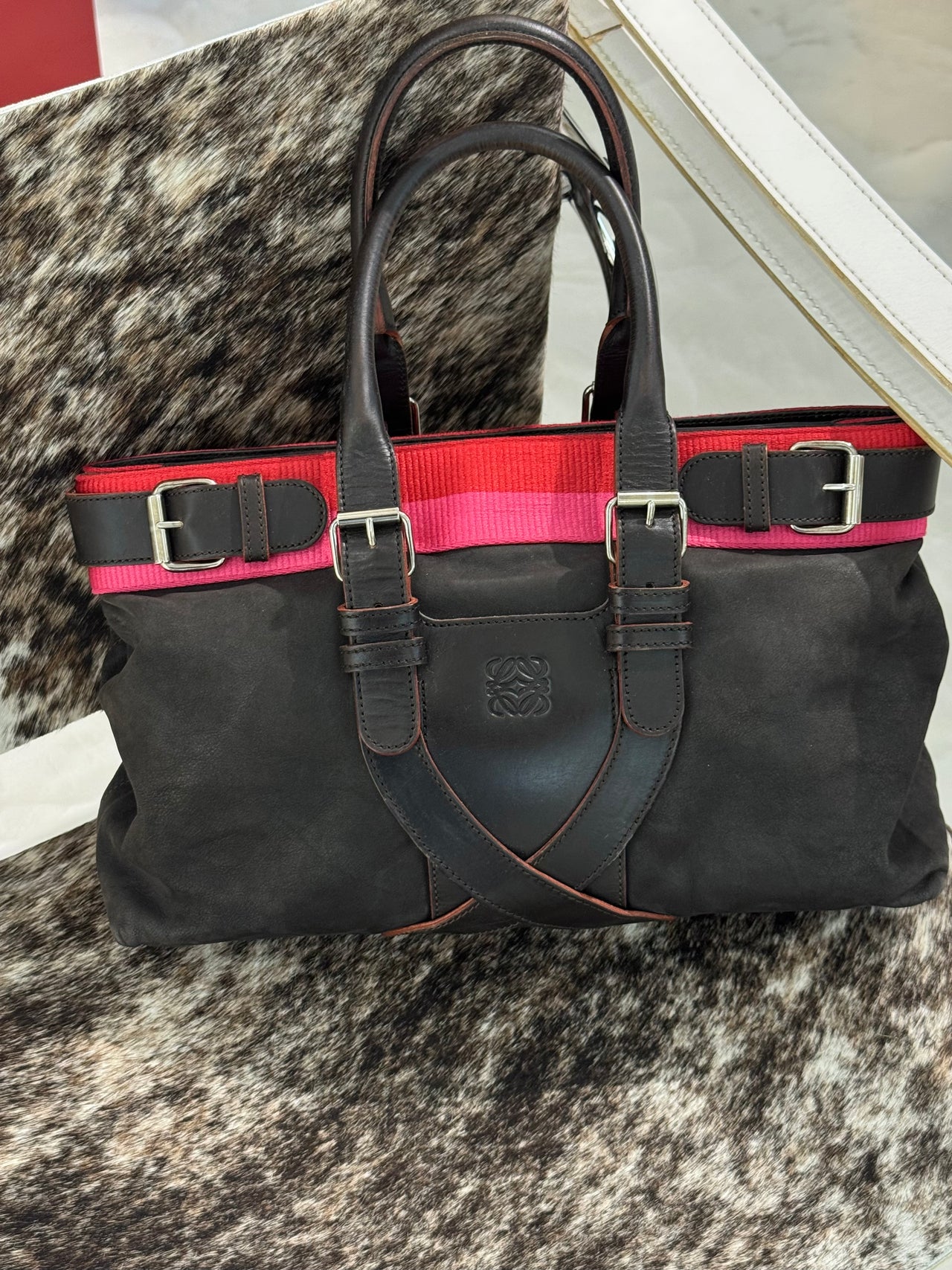 Loewe Anagram Suede & Leather Buckle Tote Bag