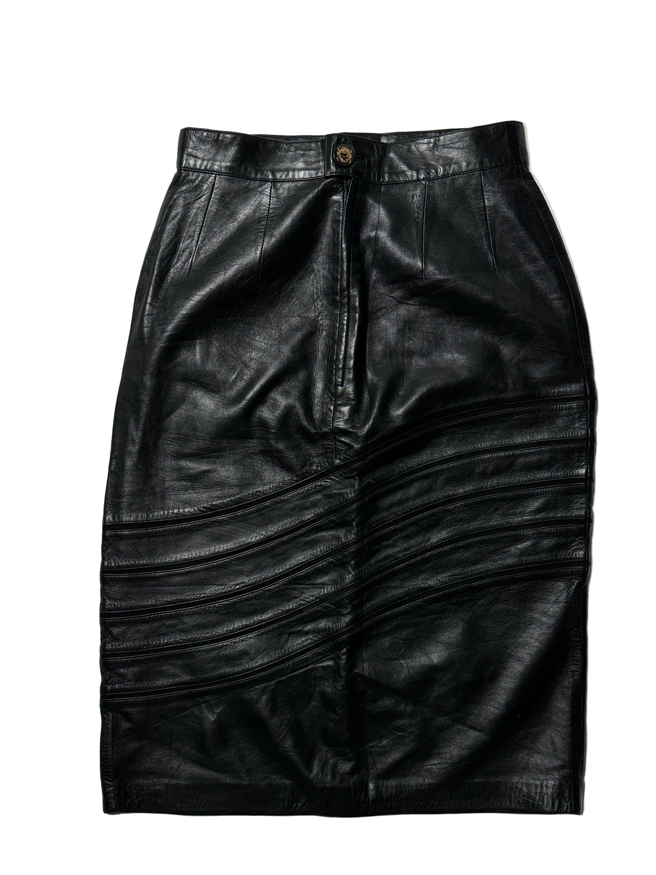 A black leather pencil skirt with a button at the front, featuring a swerve design on the front and back.
