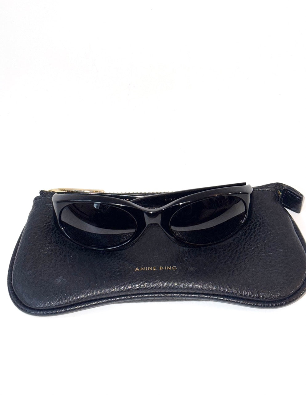 Black sunglasses in a black case on a white background