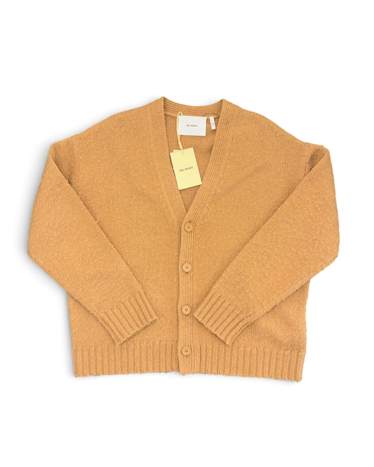 A mustard yellow knit cardigan sweater with a V-neck, three front buttons, and ribbed cuffs and hem, laid flat on a white background with a paper tag attached.
