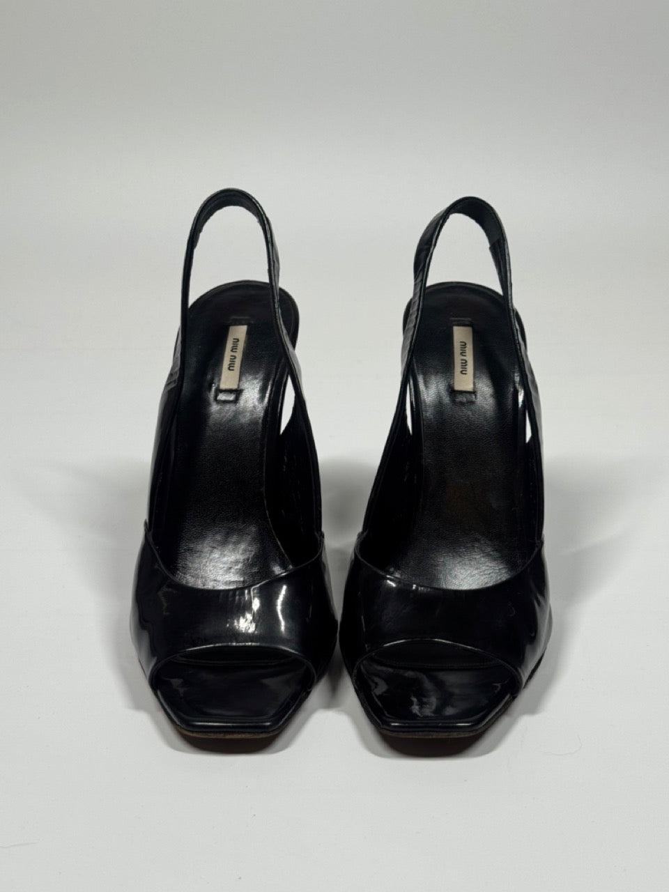 Miu Miu Black Patent Leather Slingback Wedge Heels – LE