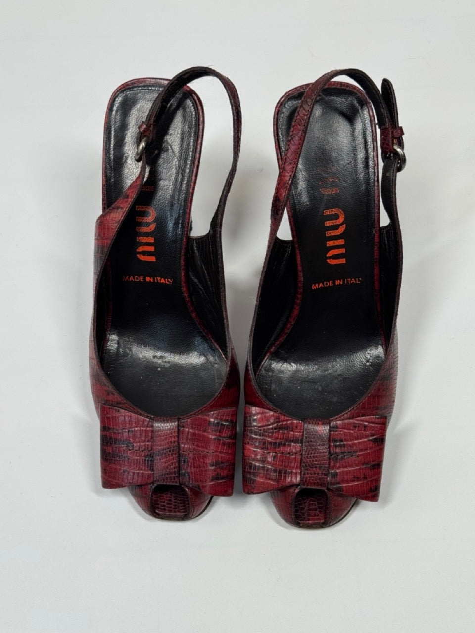 Miu Miu Red Croc-Embossed Bow Slingback Heels