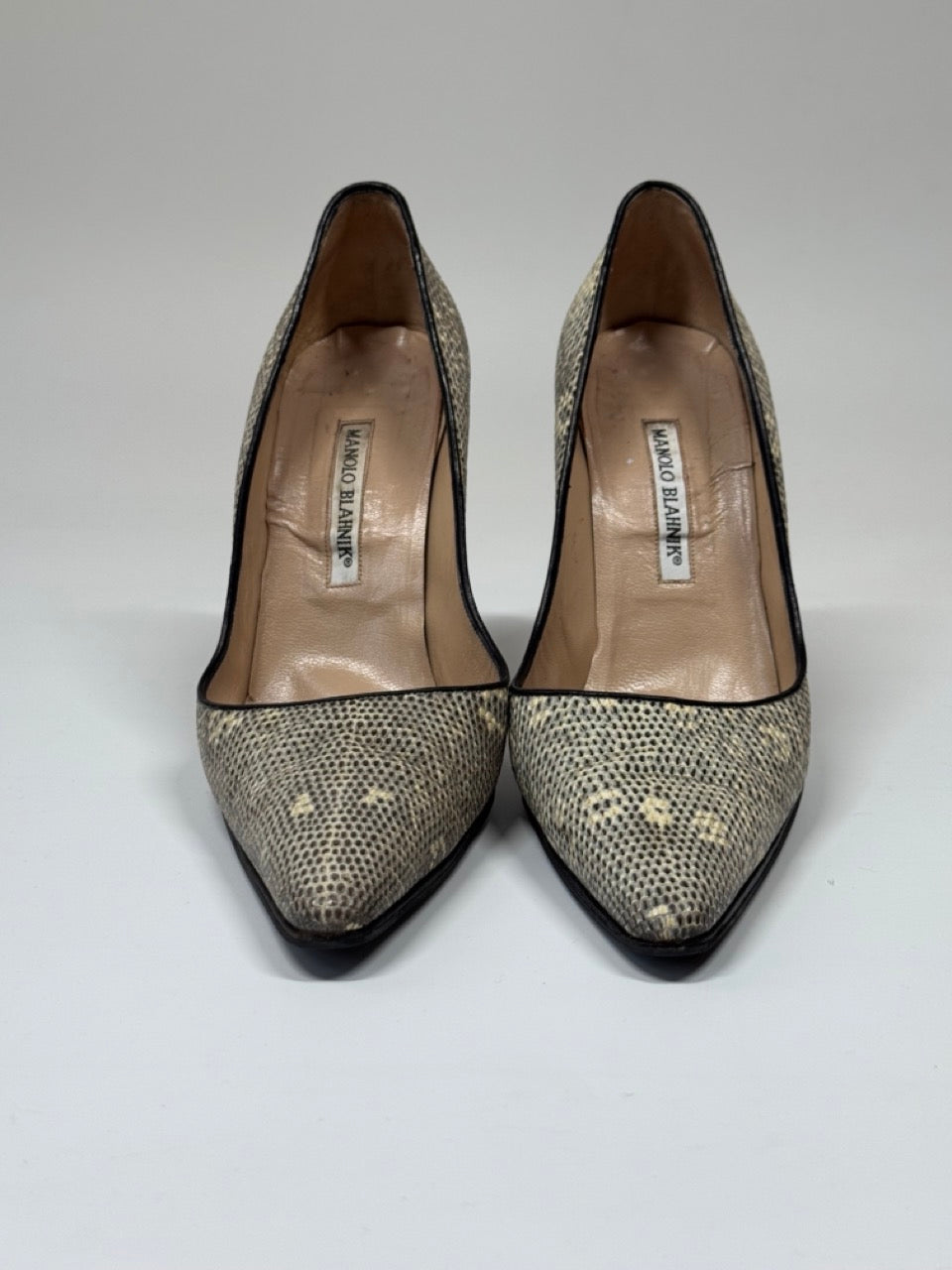 Pair of Manolo Blahnik shoes on a white background