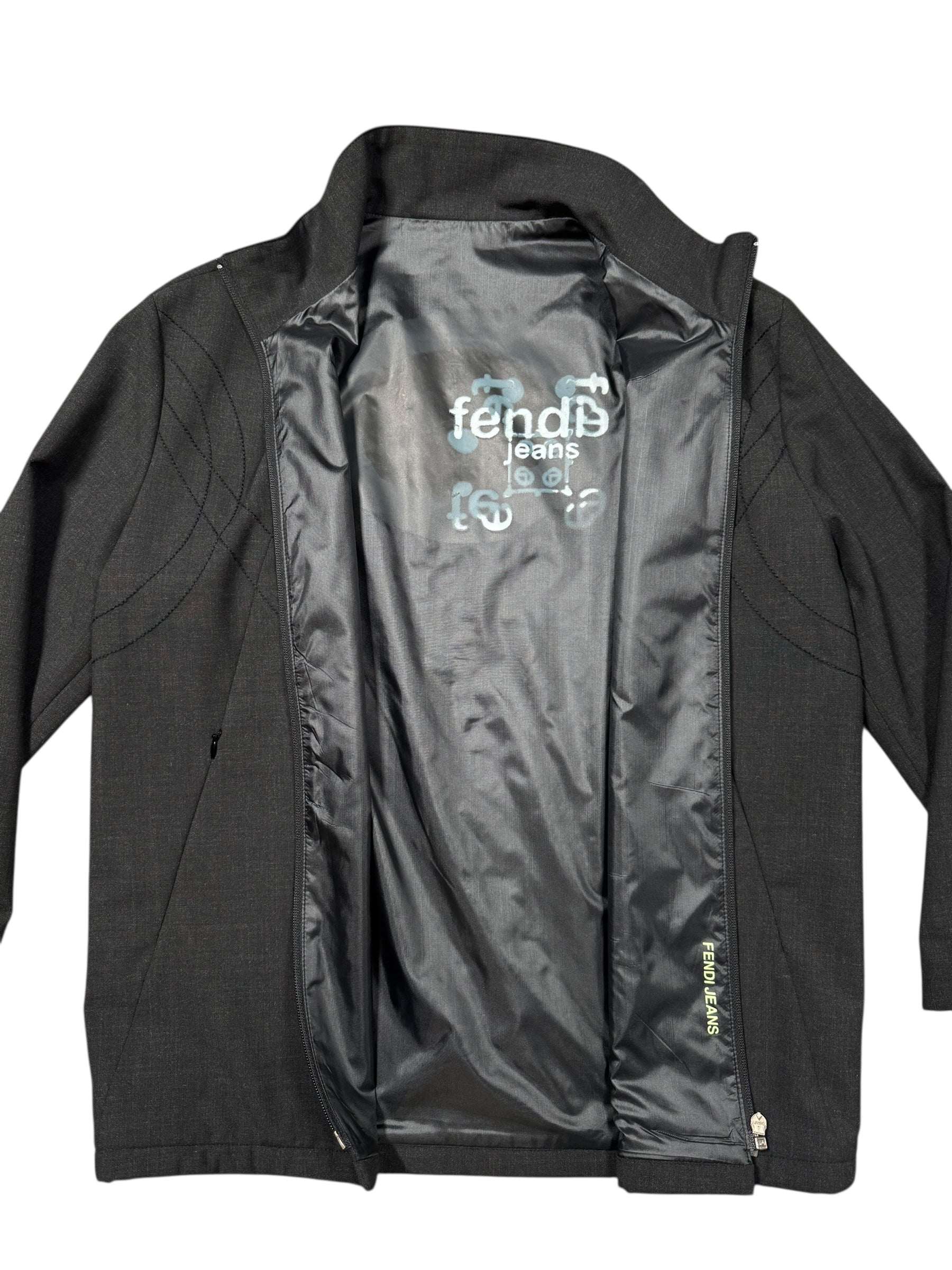 Black fendi jacket with brand logo on a white background