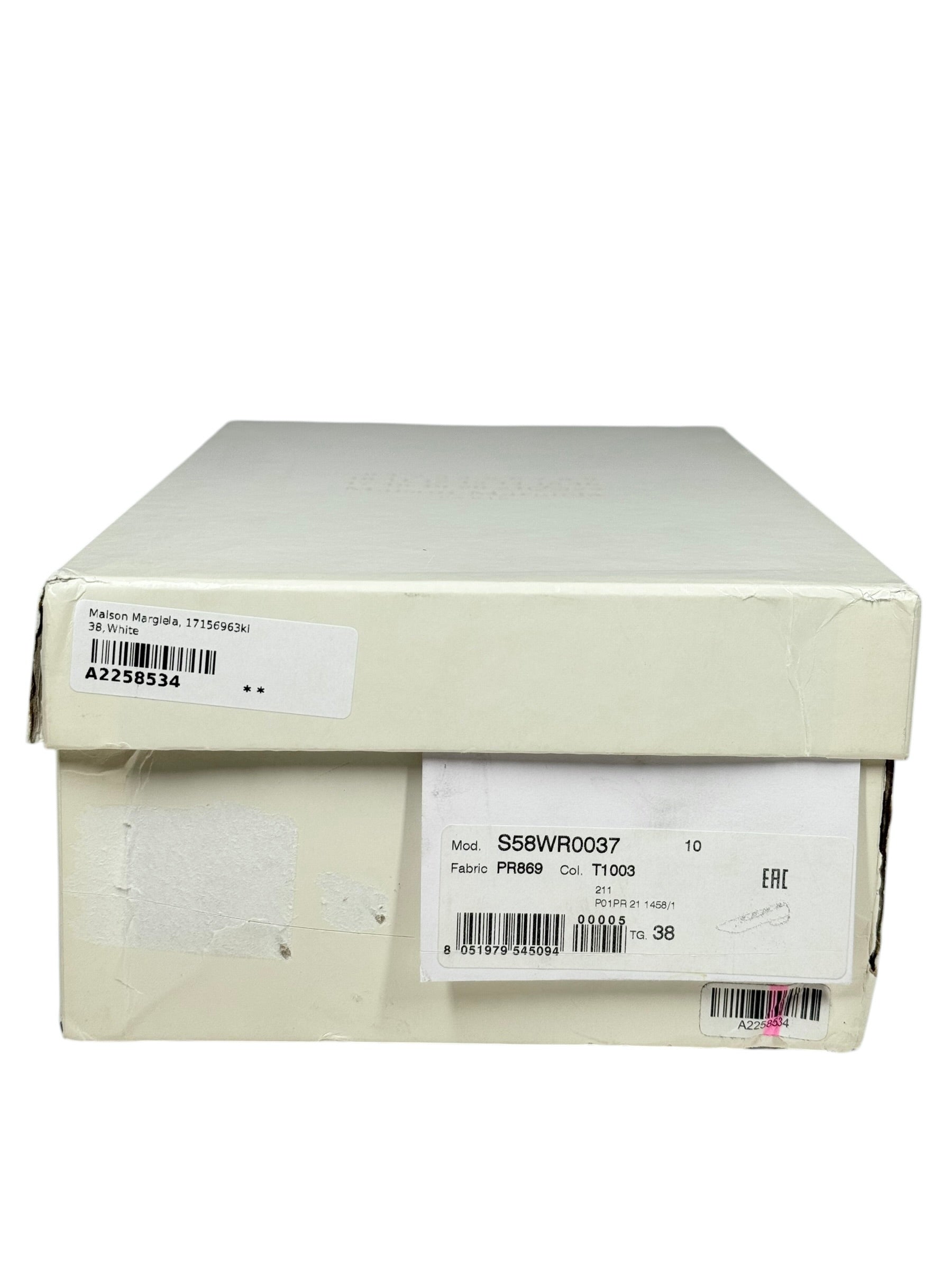 White margiela shoe box with labels on a white background