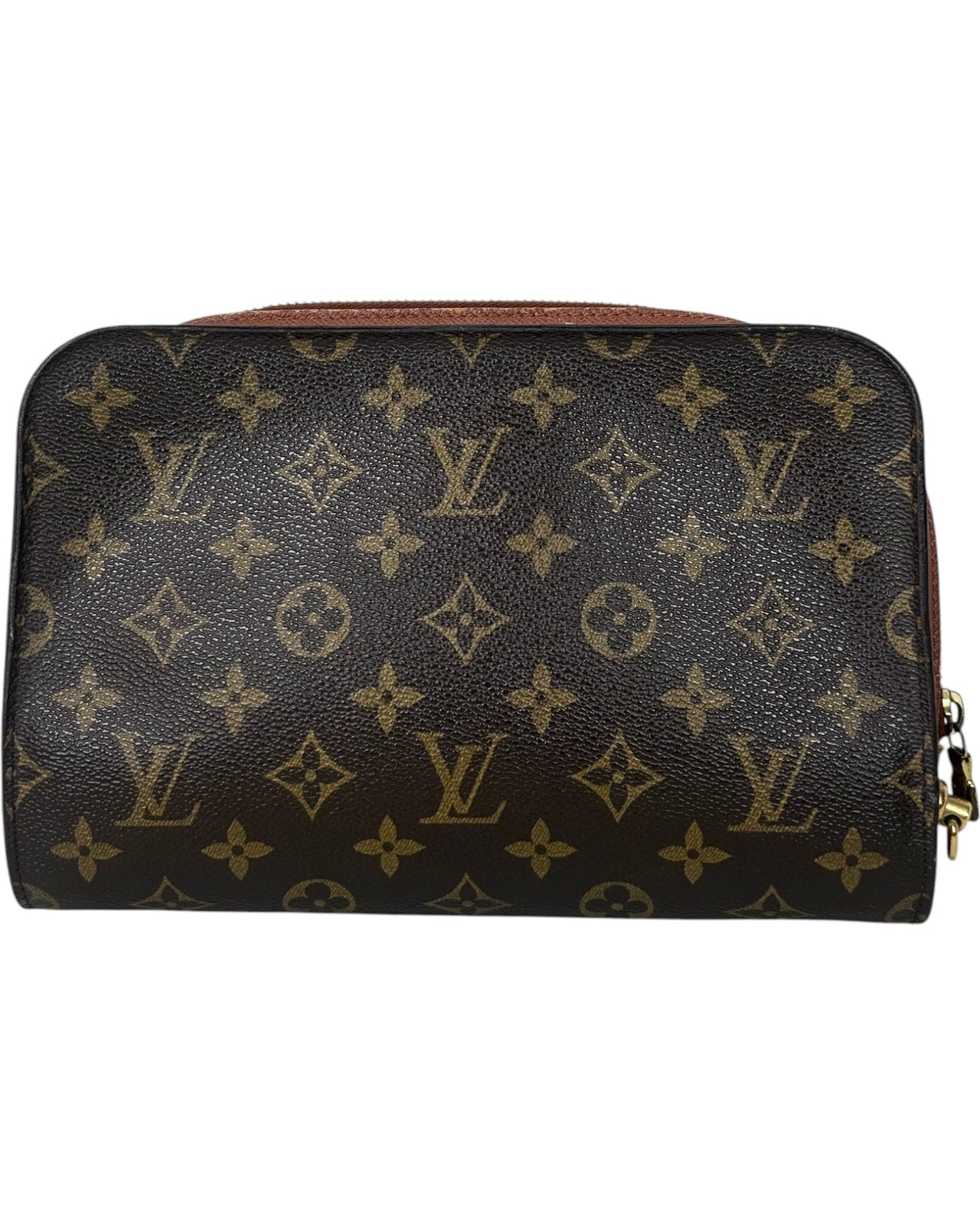 Designer handbag with monogram pattern on a white background