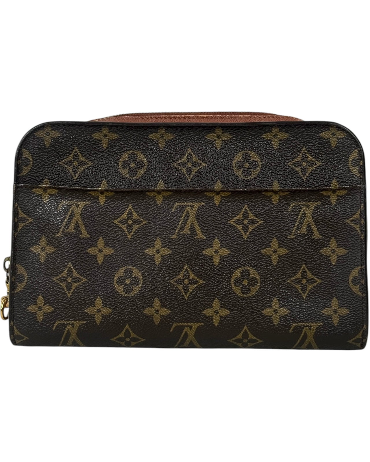 Designer handbag with monogram pattern on a white background