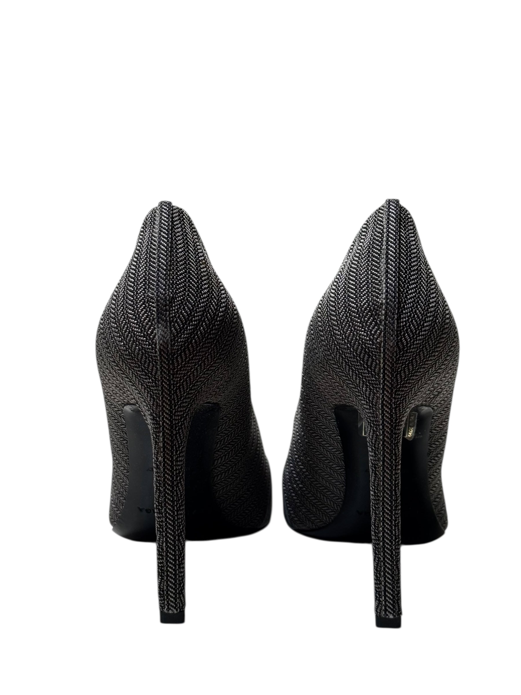 Balenciaga pair of gray pointed-toe shoes with Balenciaga logo on a white background