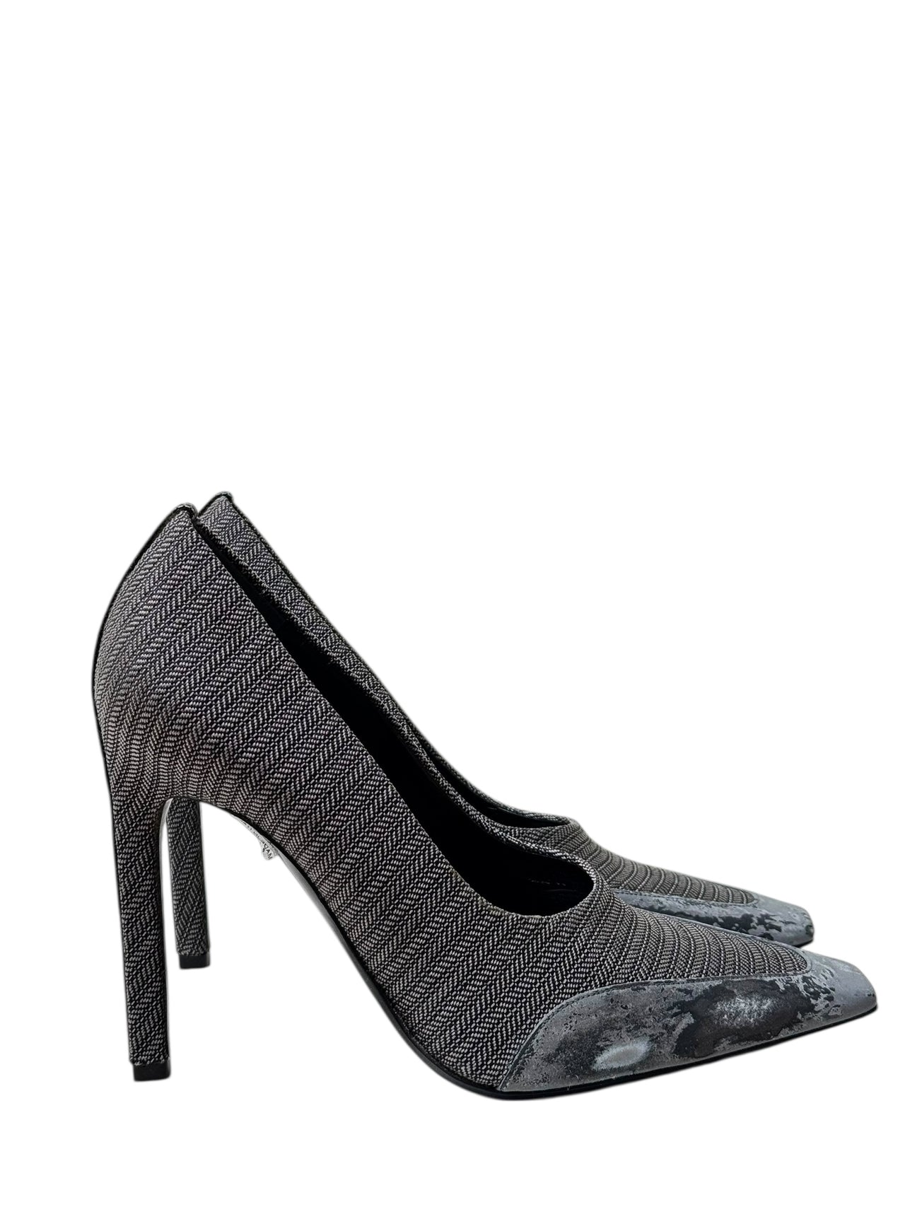 Balenciaga pair of gray pointed-toe shoes with Balenciaga logo on a white background