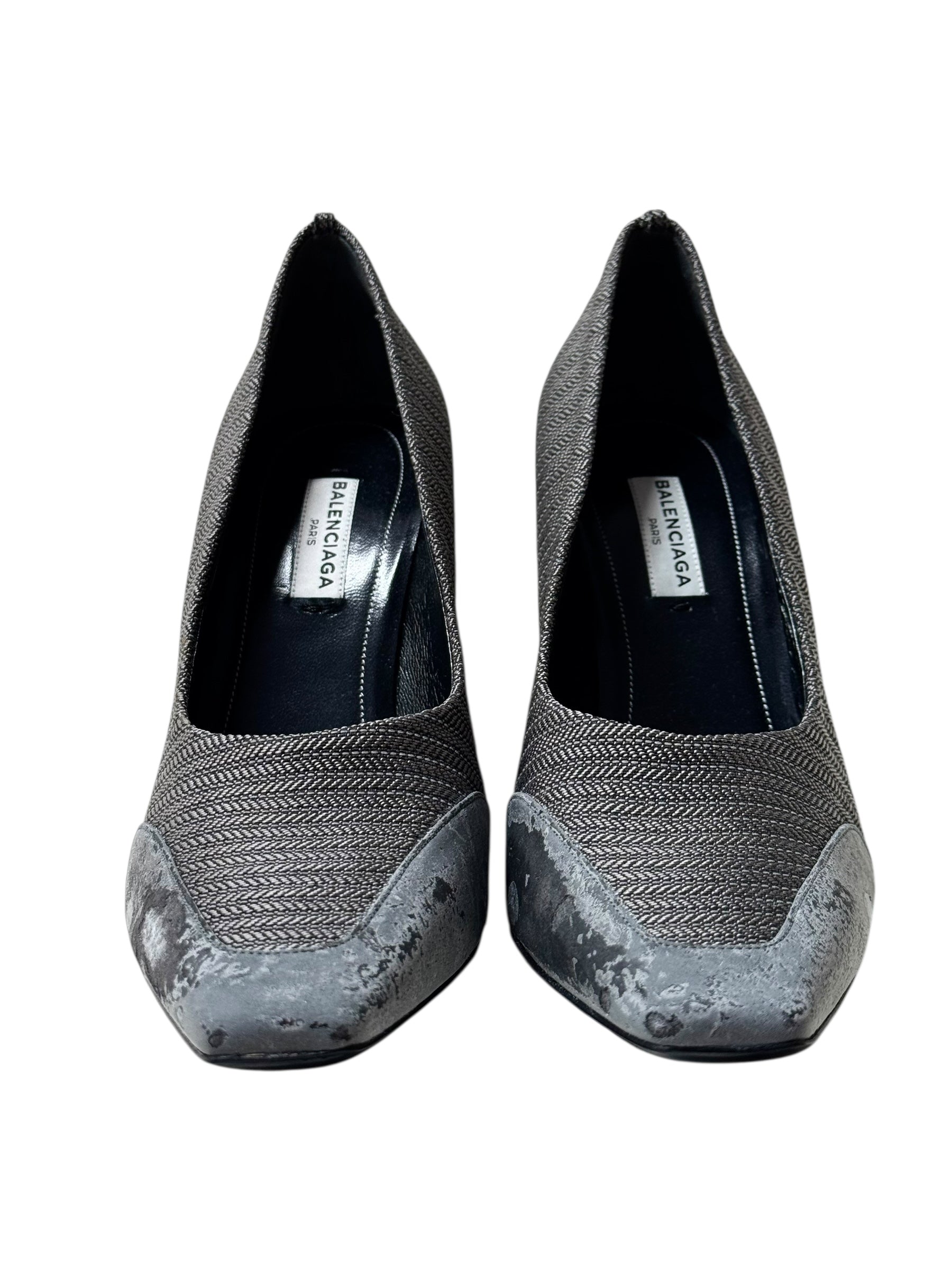 Balenciaga pair of gray pointed-toe shoes with Balenciaga logo on a white background