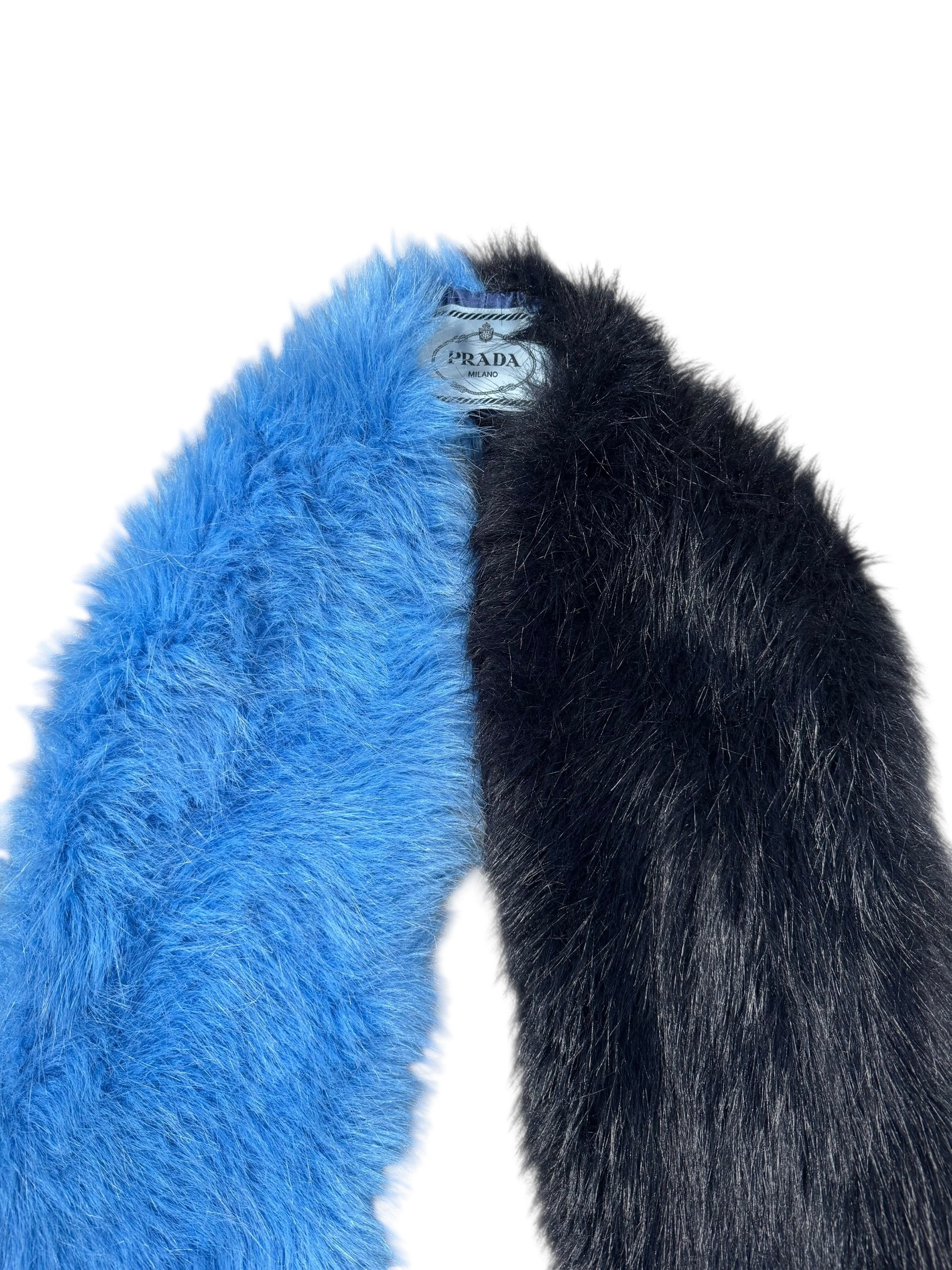 Prada SS11 blue and black fur scarf on a white background