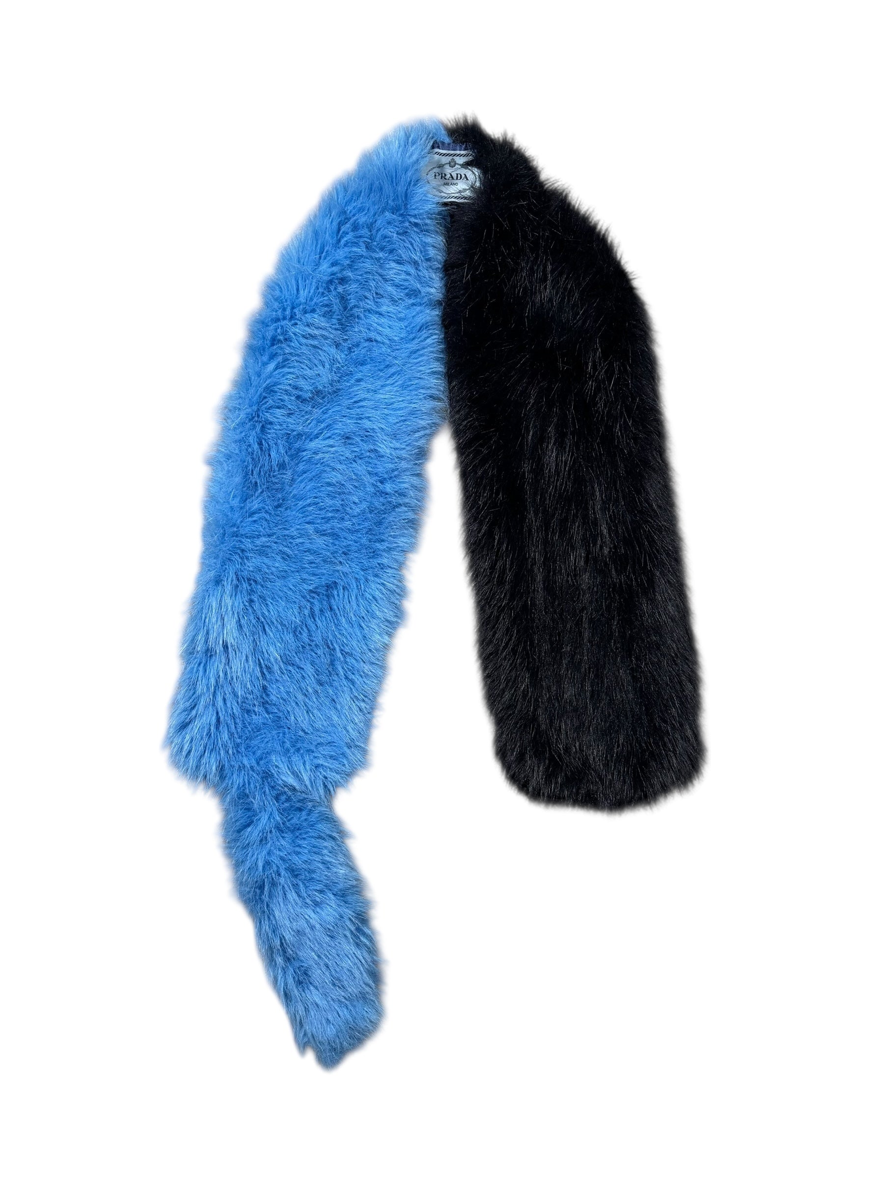 Prada SS11 blue and black fur scarf on a white background
