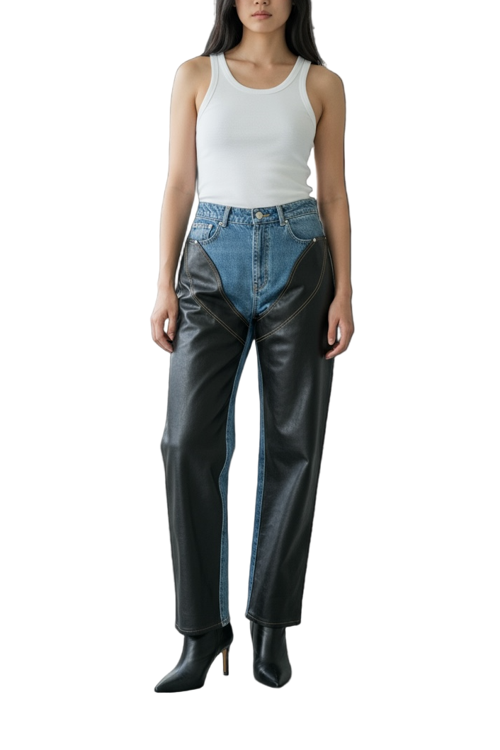 Woman wearing a white tank top and black leather pants on a white background