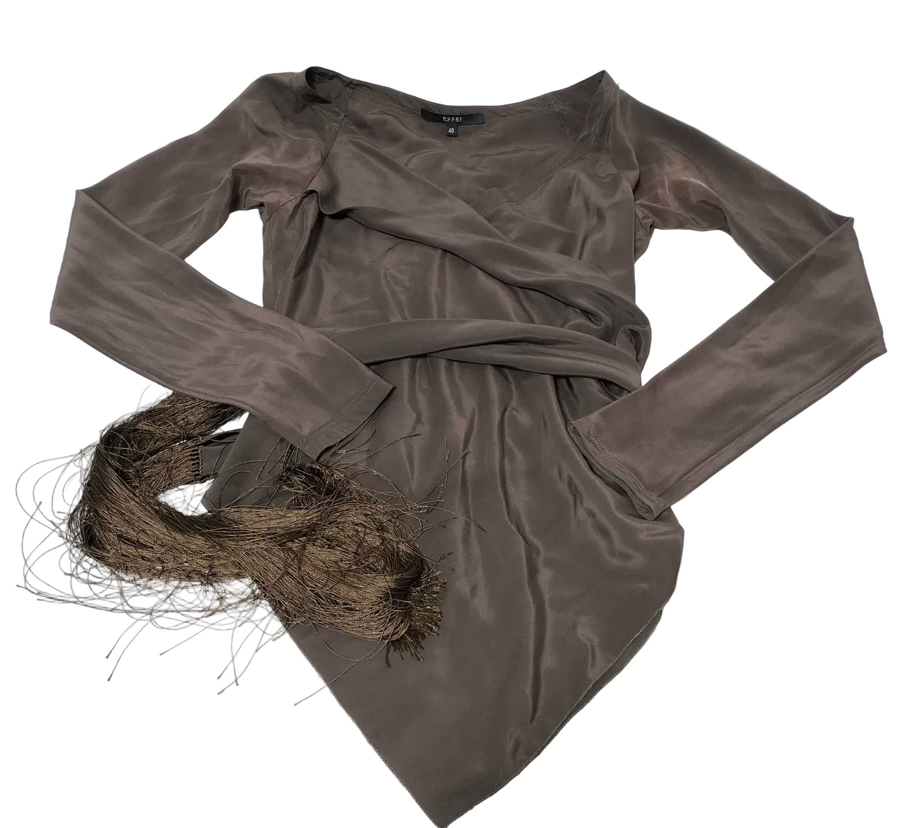 Brown long-sleeve top with a tie detail on a white background