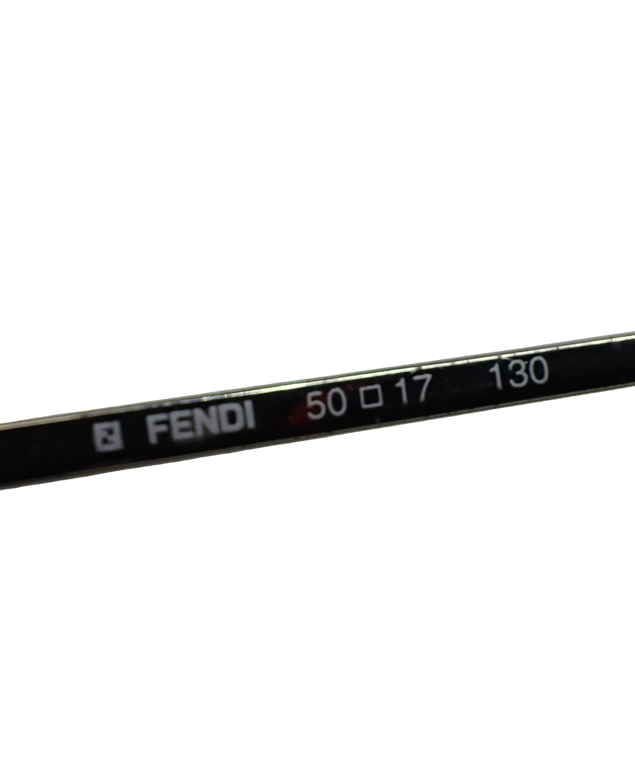 Fendi eyeglass frame with size and lens information on a light gray background