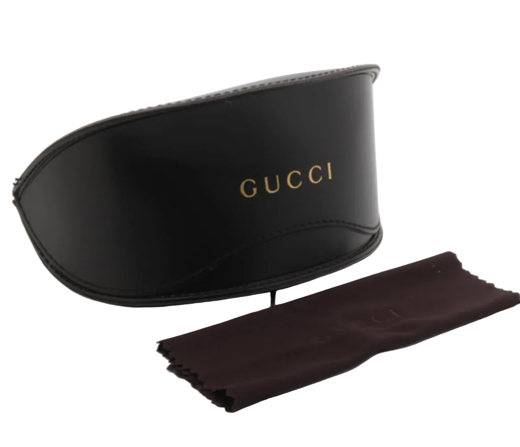 Black Gucci sunglasses case with a matching cloth on a white background