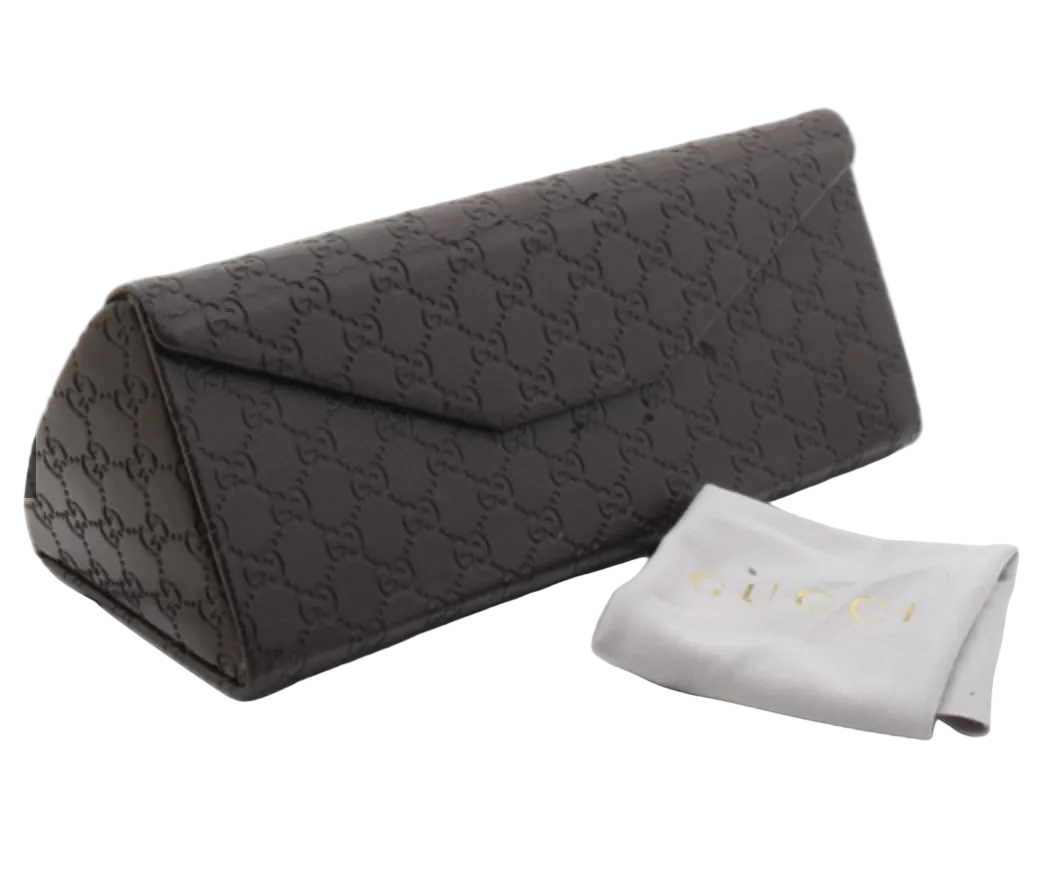 Black patterned gucci clutch bag with a matching pouch on a white background