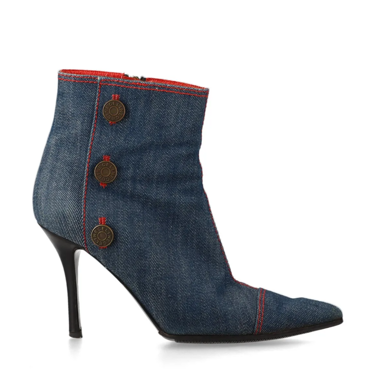 Celine Vintage Indigo Denim and Scarlet Red Leather Heeled Ankle Boots