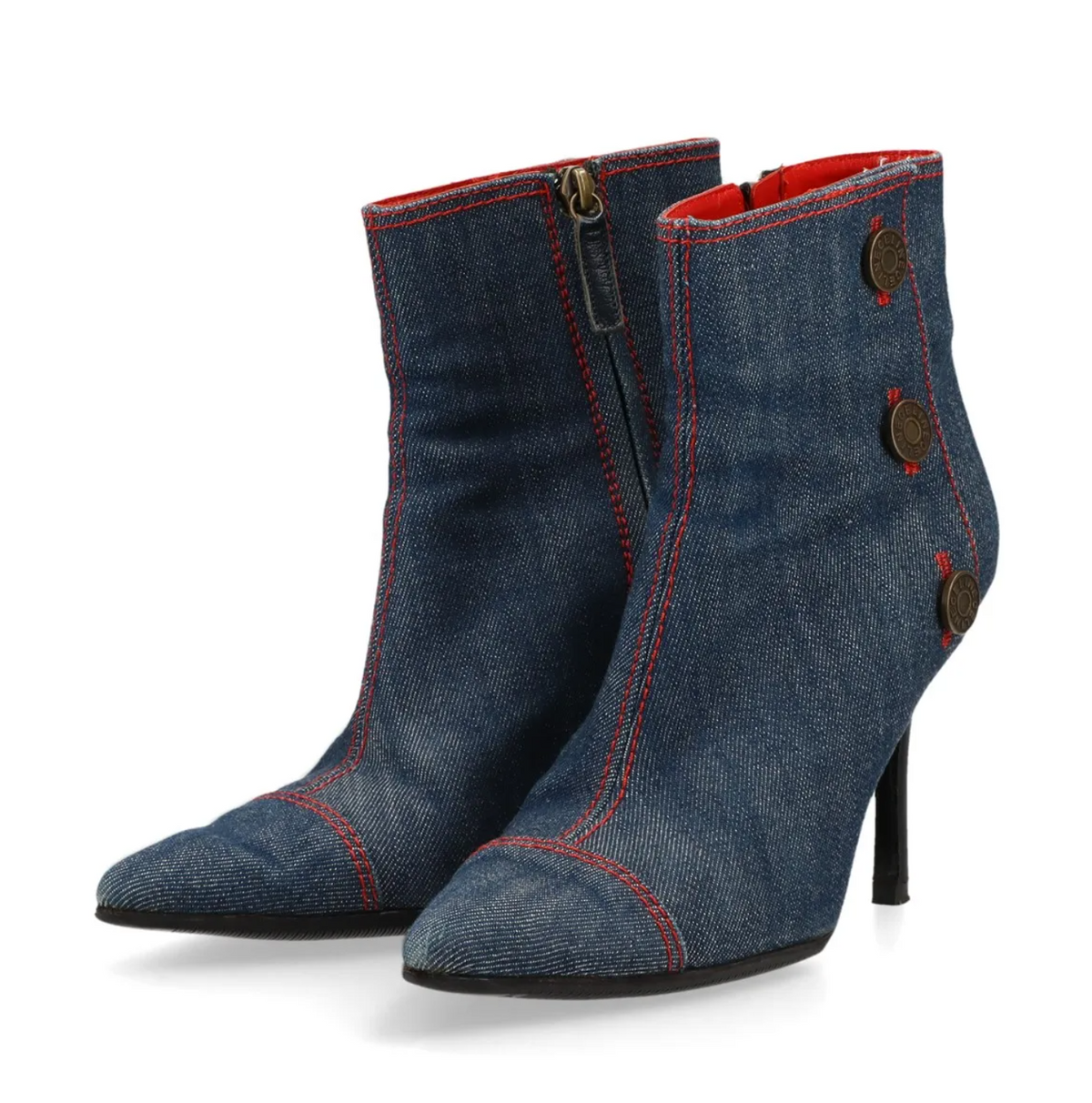 Celine Vintage Indigo Denim and Scarlet Red Leather Heeled Ankle Boots