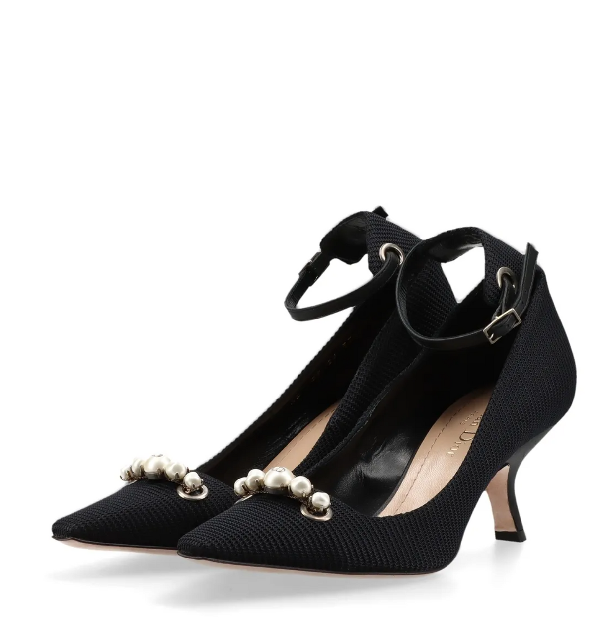Christian Dior Black Ribbed Knit Pearl Dior Tribales Kitten Heel Pumps