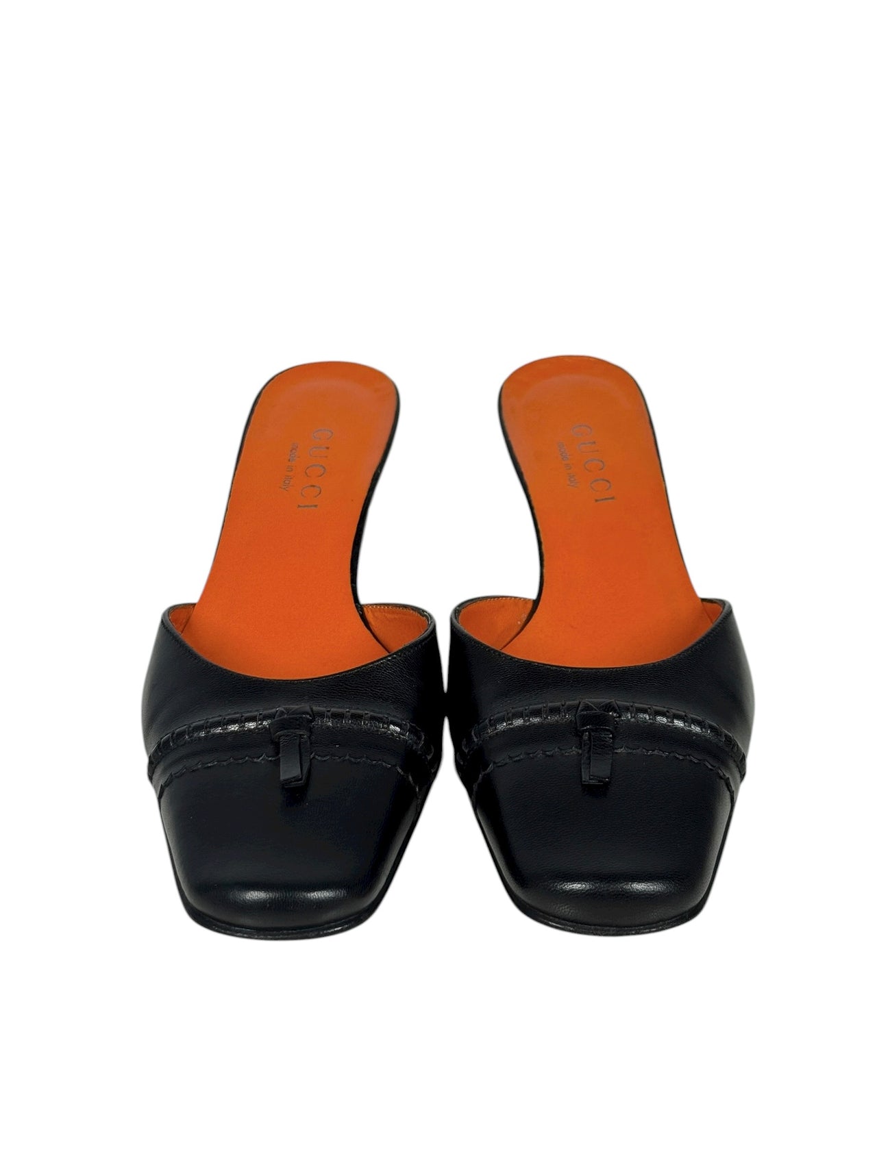 vintage designer gucci sandal with orange inner design and black leather